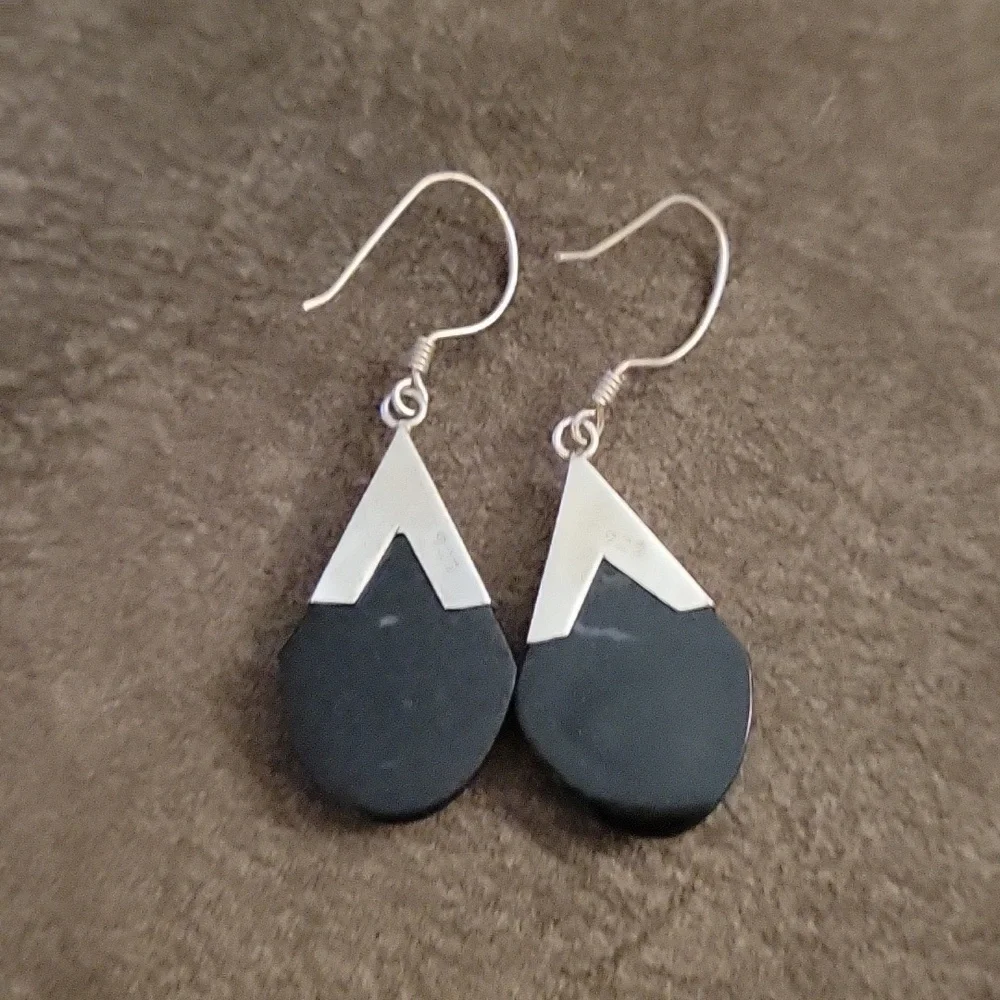 VTG Estate Art Deco Onyx Sterling Silver Teardrop Dangle Hook Earrings
